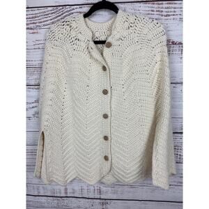 Womens Vtg Cream Chunky Crochet Hand Knit ButtonUp Sweater Cape Cottage Granny L